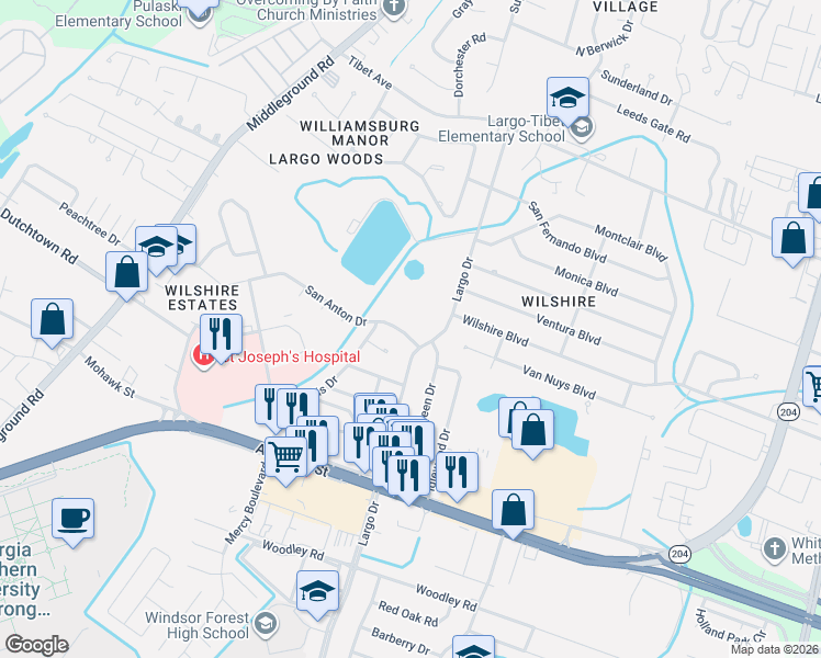 map of restaurants, bars, coffee shops, grocery stores, and more near 10 San Anton Drive in Savannah