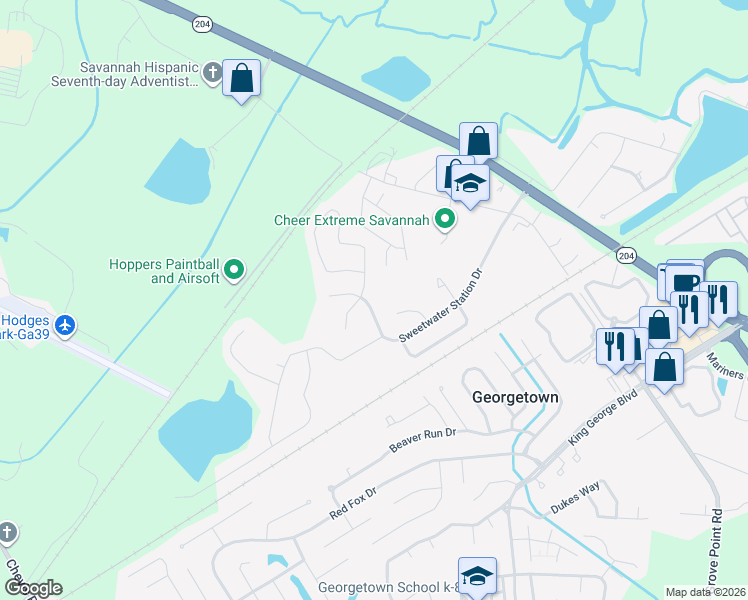 map of restaurants, bars, coffee shops, grocery stores, and more near 224 Calm Oaks Circle in Savannah