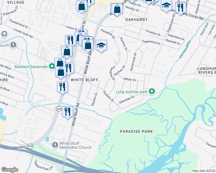 map of restaurants, bars, coffee shops, grocery stores, and more near 301 Paradise Drive in Savannah
