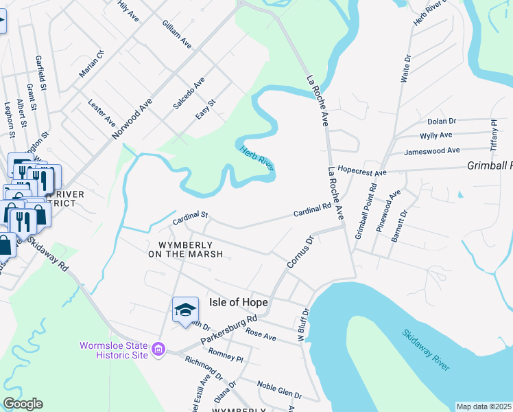 map of restaurants, bars, coffee shops, grocery stores, and more near 29 Cardinal Road in Savannah