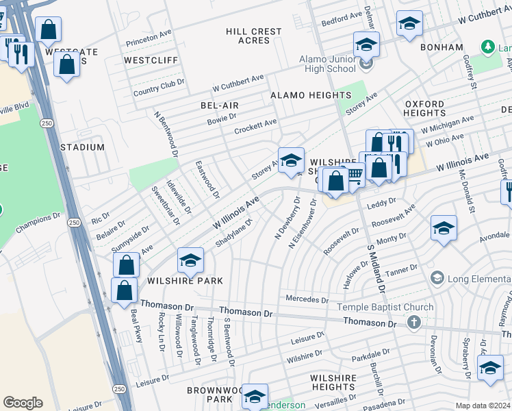 map of restaurants, bars, coffee shops, grocery stores, and more near 4704 West Illinois Avenue in Midland