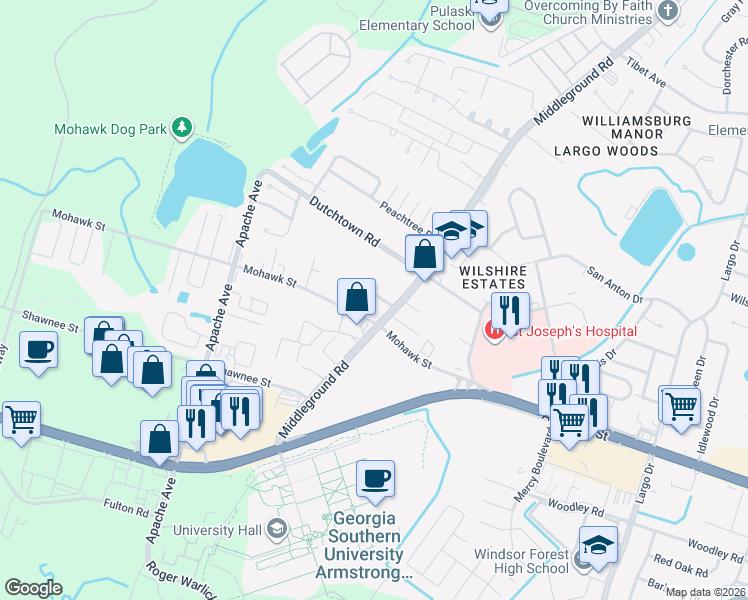 map of restaurants, bars, coffee shops, grocery stores, and more near 26 Pointer Place in Savannah