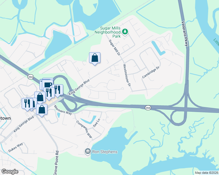map of restaurants, bars, coffee shops, grocery stores, and more near 101 Saint George Boulevard in Savannah