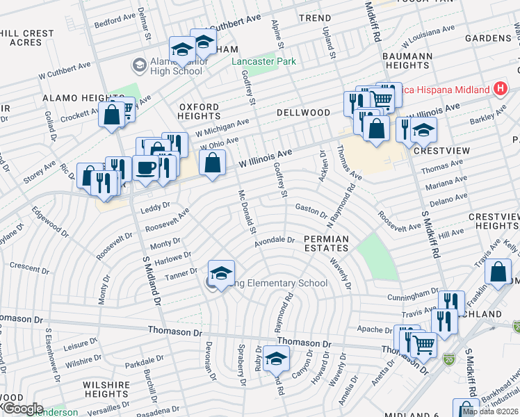 map of restaurants, bars, coffee shops, grocery stores, and more near 3915 Gaston Drive in Midland