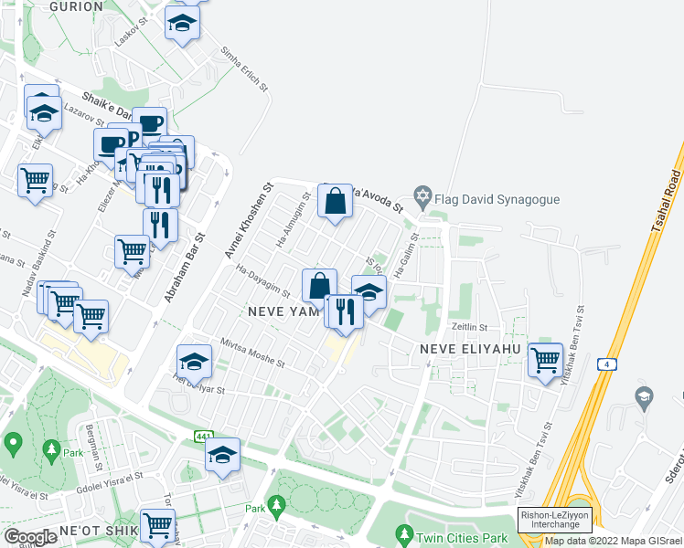 map of restaurants, bars, coffee shops, grocery stores, and more near 20 Ha-Dolfin Street in Rishon LeTsiyon