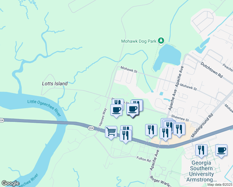 map of restaurants, bars, coffee shops, grocery stores, and more near 11111 Rio Road in Savannah