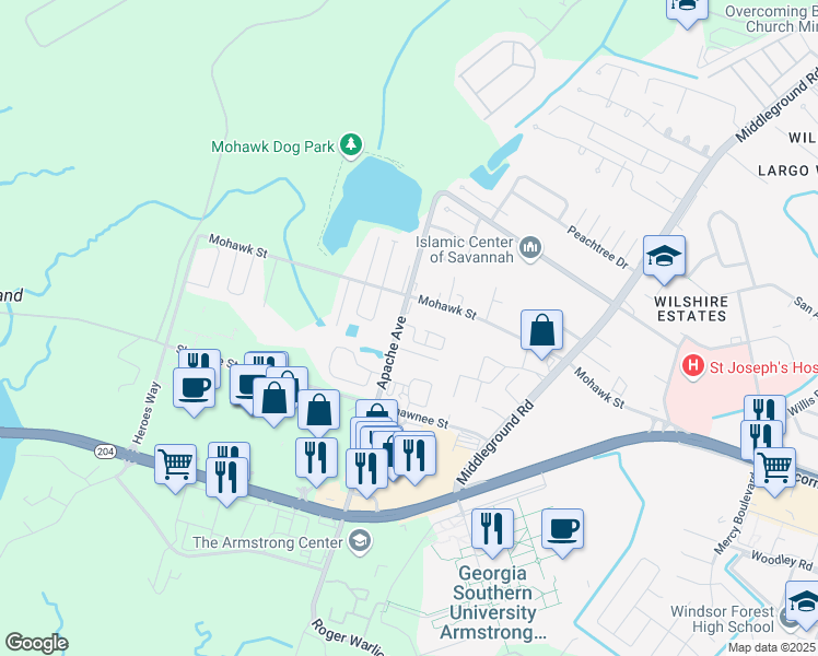 map of restaurants, bars, coffee shops, grocery stores, and more near 11907 Apache Avenue in Savannah