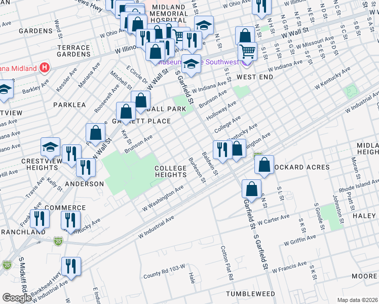 map of restaurants, bars, coffee shops, grocery stores, and more near 2311 College Avenue in Midland