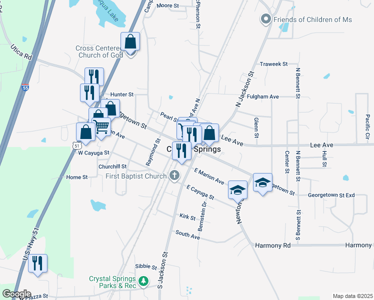 map of restaurants, bars, coffee shops, grocery stores, and more near in Crystal Springs