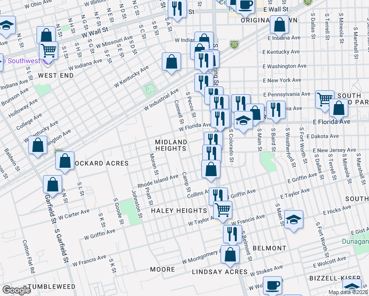 map of restaurants, bars, coffee shops, grocery stores, and more near 907 West Dakota Avenue in Midland