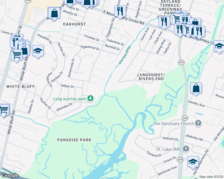 map of restaurants, bars, coffee shops, grocery stores, and more near 501A Rivers End Drive in Savannah