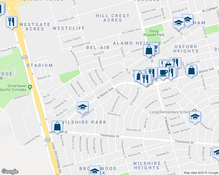 map of restaurants, bars, coffee shops, grocery stores, and more near 4704 West Illinois Avenue in Midland
