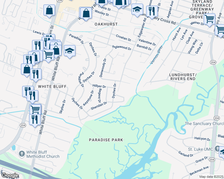map of restaurants, bars, coffee shops, grocery stores, and more near 27 Hillyer Drive in Savannah