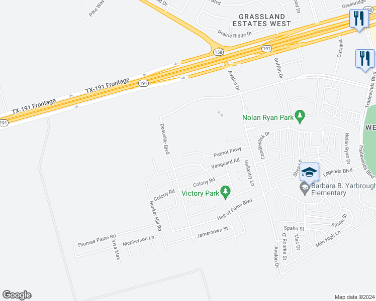 map of restaurants, bars, coffee shops, grocery stores, and more near 6618 Patriot Parkway in Midland