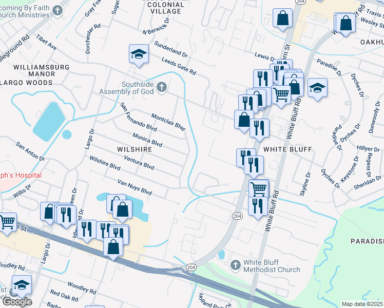 map of restaurants, bars, coffee shops, grocery stores, and more near 24 Montclair Boulevard in Savannah