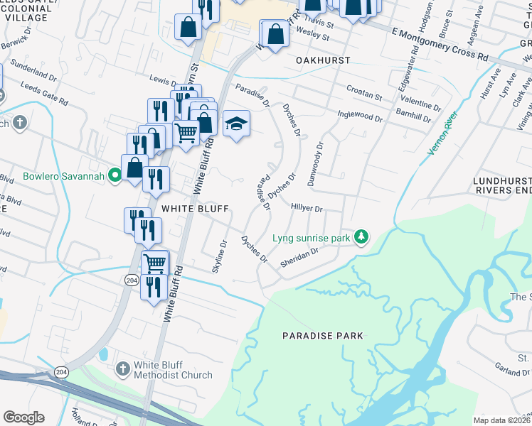 map of restaurants, bars, coffee shops, grocery stores, and more near 301 Paradise Drive in Savannah