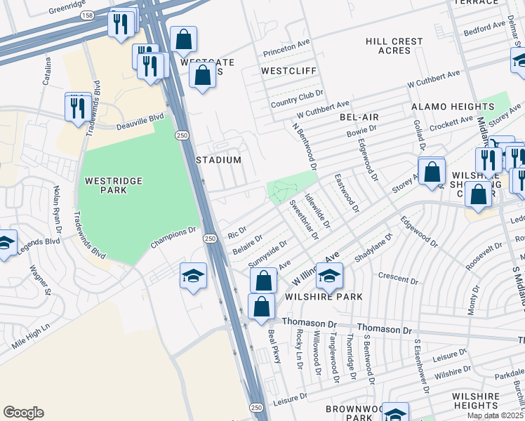 map of restaurants, bars, coffee shops, grocery stores, and more near 5106 Ric Drive in Midland