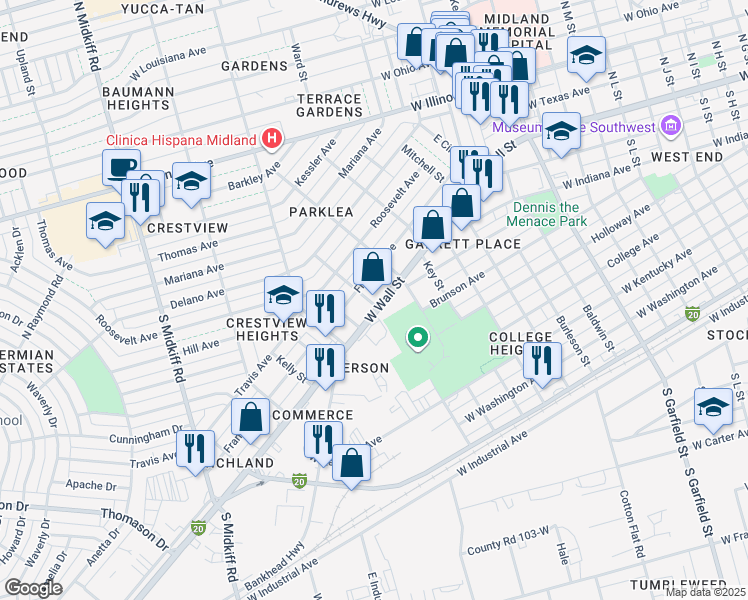 map of restaurants, bars, coffee shops, grocery stores, and more near 2816 West Wall Street in Midland