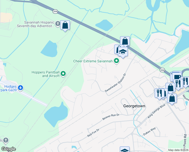 map of restaurants, bars, coffee shops, grocery stores, and more near 224 Calm Oaks Circle in Savannah
