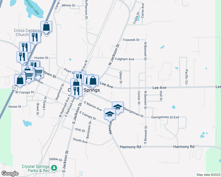map of restaurants, bars, coffee shops, grocery stores, and more near 516 Lee Avenue in Crystal Springs