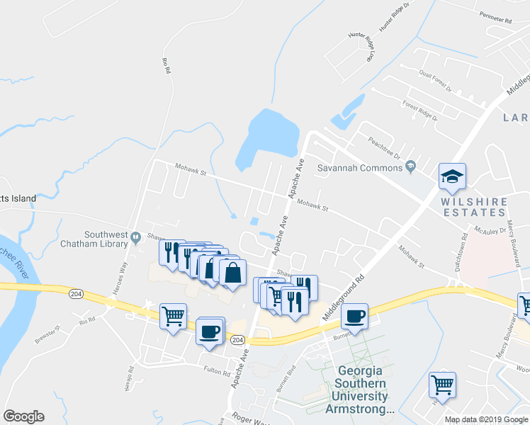 map of restaurants, bars, coffee shops, grocery stores, and more near 1111 Mohawk Street in Savannah