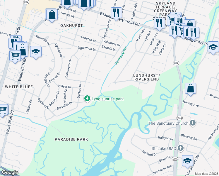 map of restaurants, bars, coffee shops, grocery stores, and more near 501A Rivers End Drive in Savannah