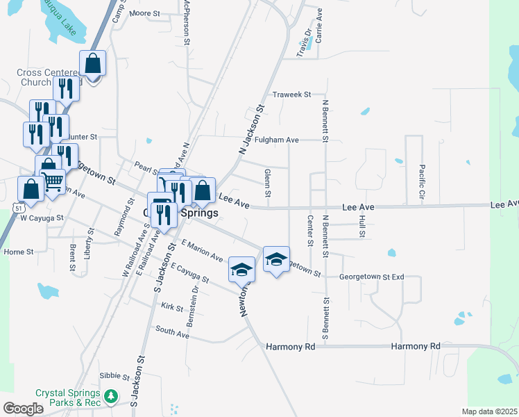 map of restaurants, bars, coffee shops, grocery stores, and more near 516 Lee Avenue in Crystal Springs