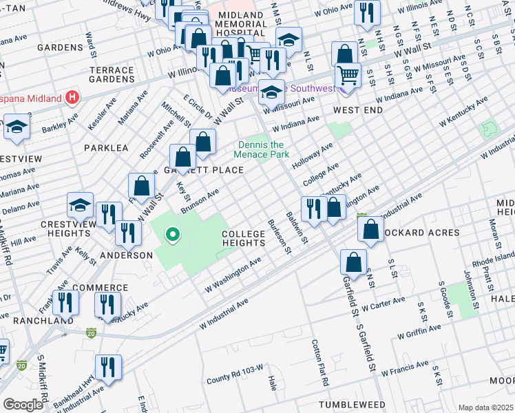map of restaurants, bars, coffee shops, grocery stores, and more near 2311 College Avenue in Midland