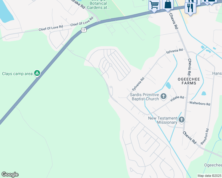 map of restaurants, bars, coffee shops, grocery stores, and more near 47 Weslyn Park Drive in Savannah