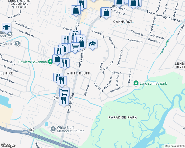 map of restaurants, bars, coffee shops, grocery stores, and more near 21 Skyline Drive in Savannah