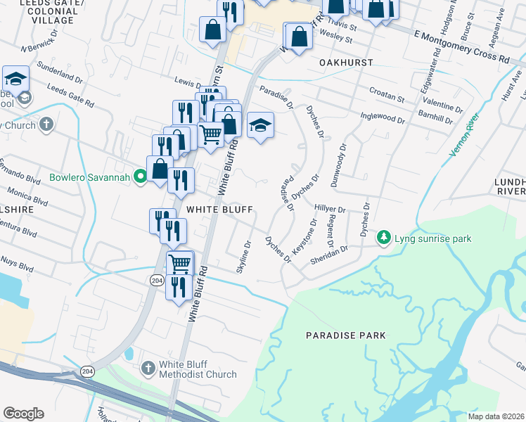 map of restaurants, bars, coffee shops, grocery stores, and more near 21 Skyline Drive in Savannah