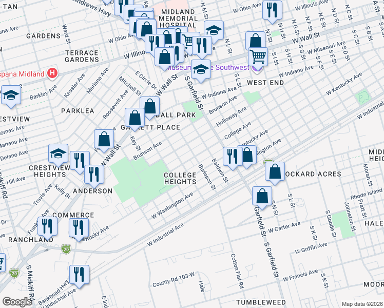map of restaurants, bars, coffee shops, grocery stores, and more near 2311 College Avenue in Midland