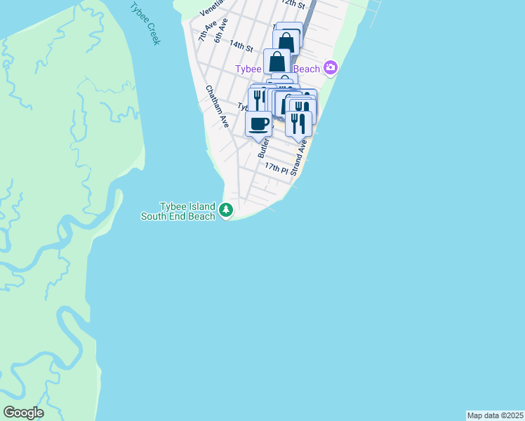 map of restaurants, bars, coffee shops, grocery stores, and more near 1 19th Street in Tybee Island