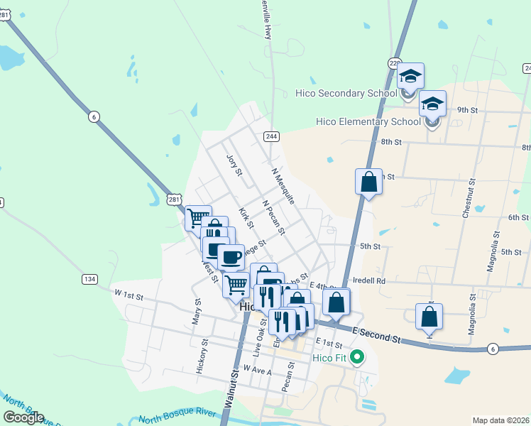map of restaurants, bars, coffee shops, grocery stores, and more near 612 North Pecan Street in Hico