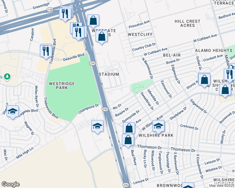 map of restaurants, bars, coffee shops, grocery stores, and more near 516 North Loop 250 West in Midland