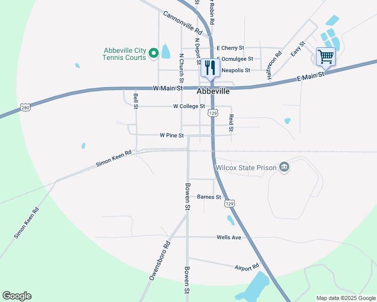 map of restaurants, bars, coffee shops, grocery stores, and more near 109 Bowen Street in Abbeville
