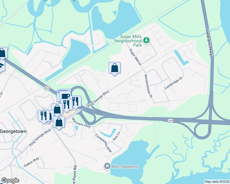 map of restaurants, bars, coffee shops, grocery stores, and more near 785 King George Boulevard in Savannah