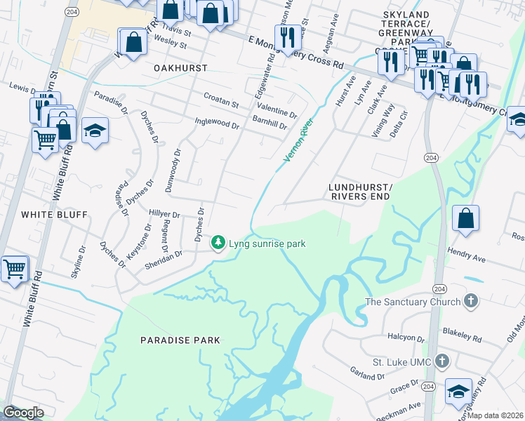 map of restaurants, bars, coffee shops, grocery stores, and more near 501A Rivers End Drive in Savannah