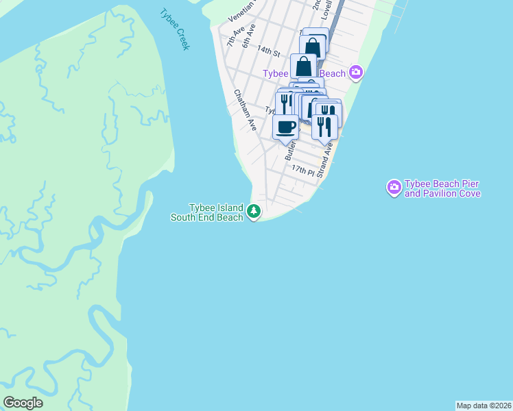 map of restaurants, bars, coffee shops, grocery stores, and more near 1923 Chatham Avenue in Tybee Island