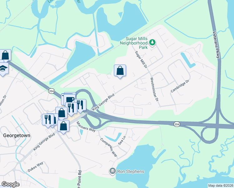 map of restaurants, bars, coffee shops, grocery stores, and more near 783 King George Boulevard in Savannah