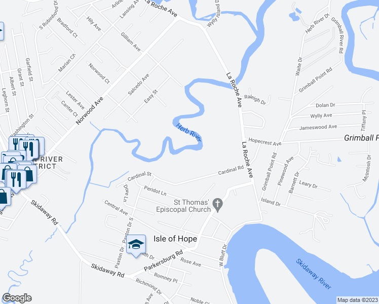 map of restaurants, bars, coffee shops, grocery stores, and more near 29 Cardinal Road in Savannah