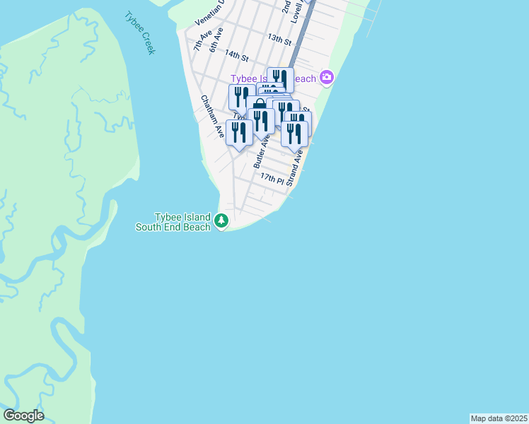 map of restaurants, bars, coffee shops, grocery stores, and more near 1 19th Street in Tybee Island
