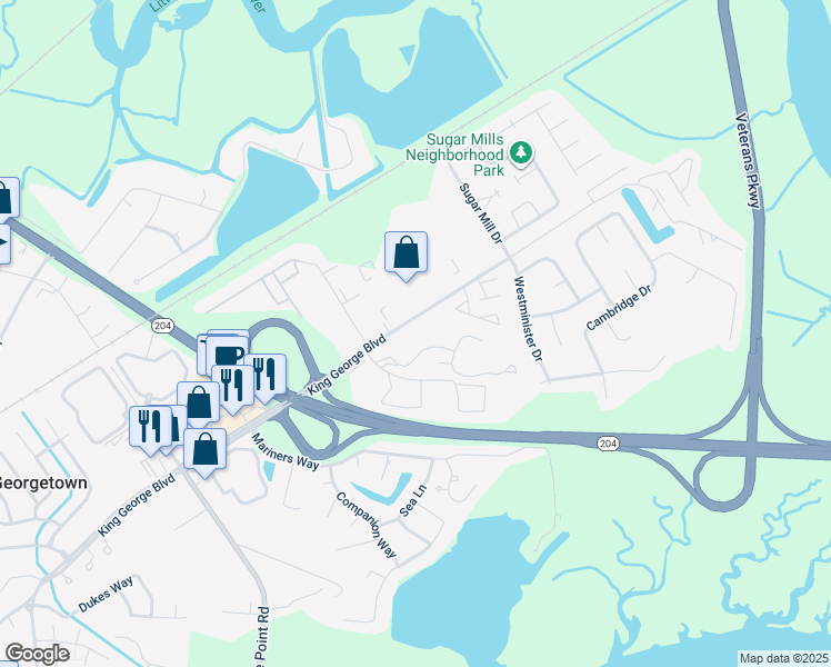 map of restaurants, bars, coffee shops, grocery stores, and more near 785 King George Boulevard in Savannah