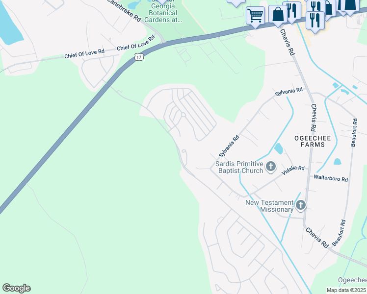 map of restaurants, bars, coffee shops, grocery stores, and more near 47 Weslyn Park Drive in Savannah