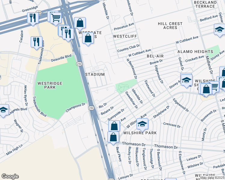 map of restaurants, bars, coffee shops, grocery stores, and more near 5106 Ric Drive in Midland