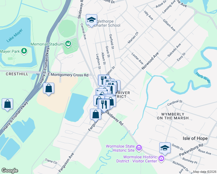 map of restaurants, bars, coffee shops, grocery stores, and more near 103 Wisteria Court in Savannah