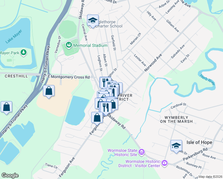 map of restaurants, bars, coffee shops, grocery stores, and more near 103 Wisteria Court in Savannah
