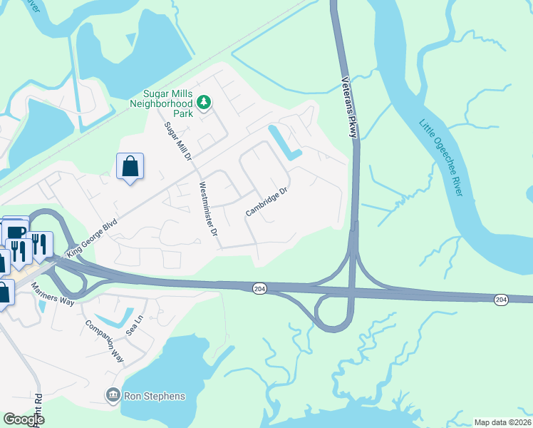 map of restaurants, bars, coffee shops, grocery stores, and more near 123 Cambridge Drive in Savannah