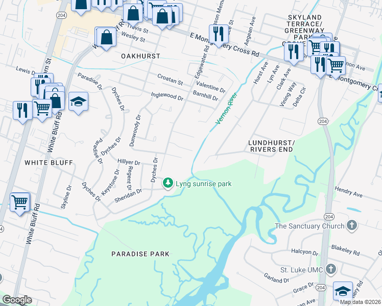 map of restaurants, bars, coffee shops, grocery stores, and more near 420 Edgewater Road in Savannah