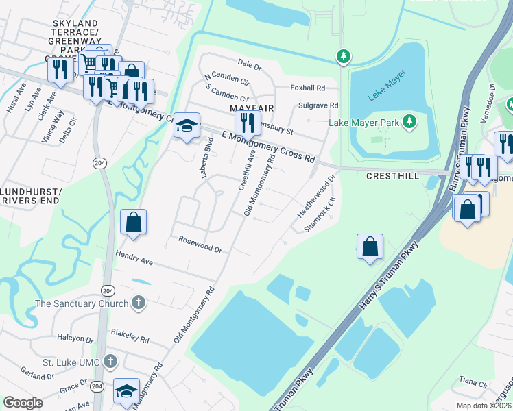 map of restaurants, bars, coffee shops, grocery stores, and more near 8507 Old Montgomery Road in Savannah